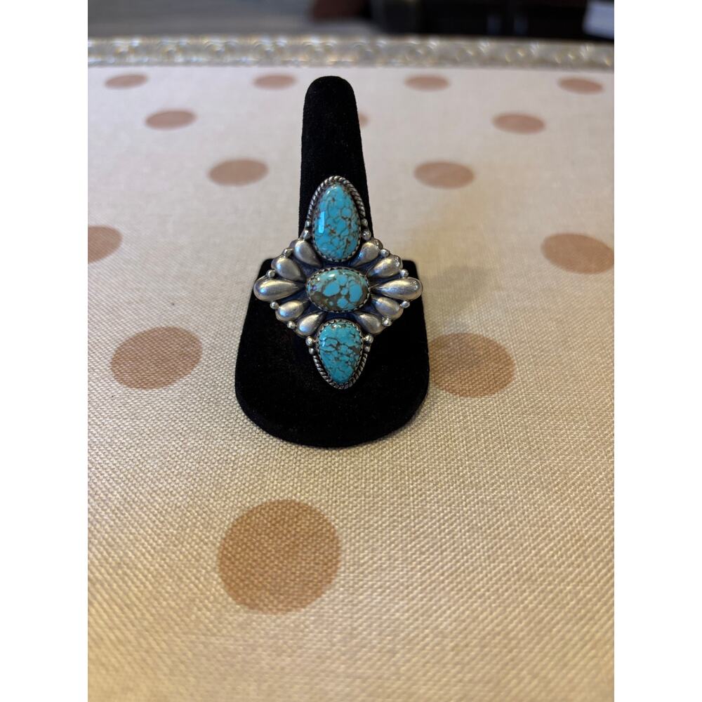 Number 8 Turquoise Three Stone Crawler Ring Sterling Silver - Picture 5 of 8